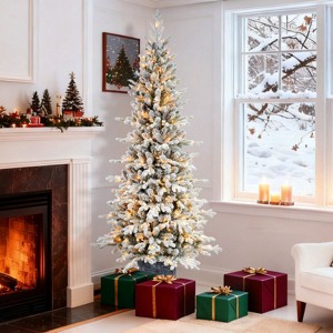 Pre-Lit Flocked Arctic Fir Artificial Christmas Tree with Lights, Potted Snow Frosted Holiday Tree - 1 of 4