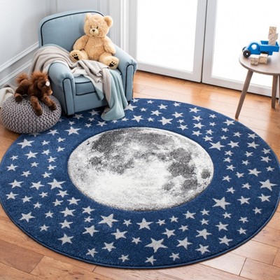 Navy and Grey Round Synthetic Kids' Moon and Stars Rug