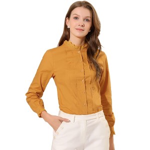INSPIRE CHIC Women's Mock Neck Ruffle Work Office Cotton Pleated Button Up Shirt - 1 of 4