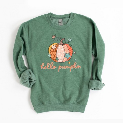 Simply Sage Market Women's Graphic Sweatshirt Hello Pumpkin Colorful Stars  - S - Heather Green : Target