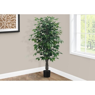 Monarch Specialties Artificial Plant 58 inch Tall Ficus Tree Indoor Faux Fake Floor Greenery Potted Decorative Green Leaves Black Pot
