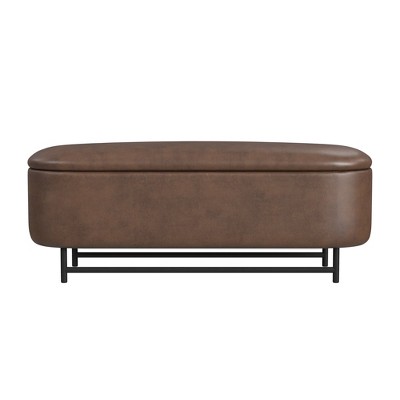 Brown Faux Leather Ellipse Storage Bench with Metal Legs