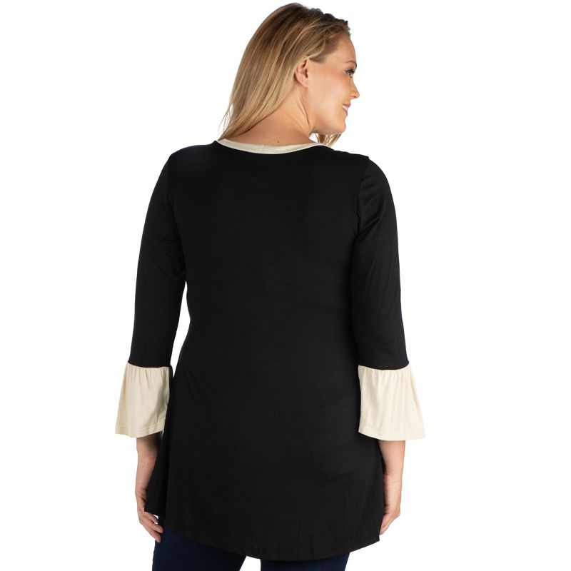 24seven Comfort Apparel Womens Black and Beige Bell Sleeve Hi Low Plus Size Tunic Top, 3 of 6