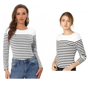 Allegra K Women's Color Block Round Neck Long Sleeves Striped Basic T-Shirt 2 Packs - 1 of 4