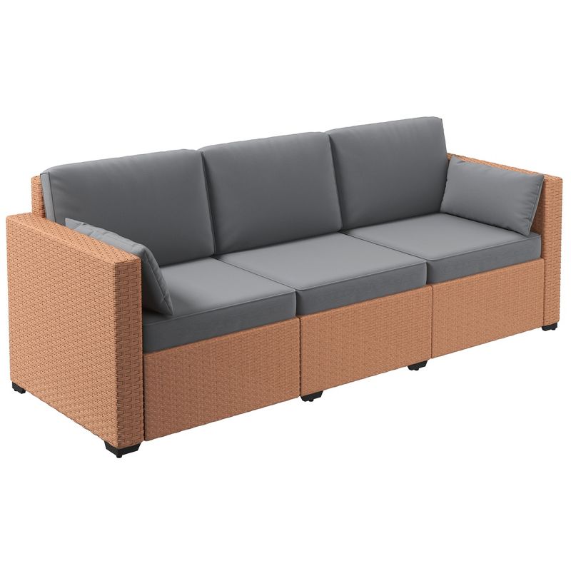 Outsunny Wicker Patio Couch, PE Rattan 3-Seat Sofa, Outdoor Furniture with Deep Seating, Cushions, Steel Frame, Sand, 1 of 7