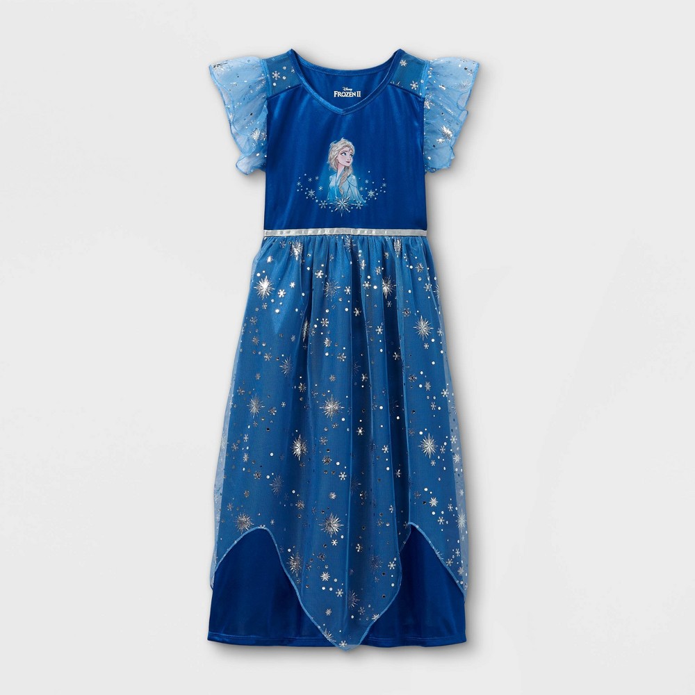 Size Medium Girls' Disney Frozen Elsa Midnight Snowflakes Printed NightGown - Blue 