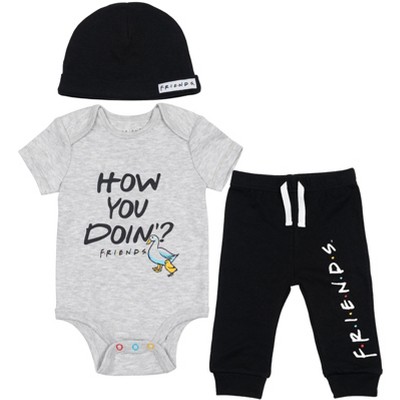 FRIENDS Newborn Baby Boys 3 Piece Outfit Set: Bodysuit Pants Hat Grey / Black 6-9 Months