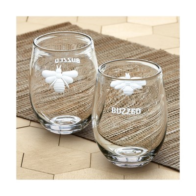 Buzzed Bee Etched Clear Glass Stemless Wine Glass 16 oz