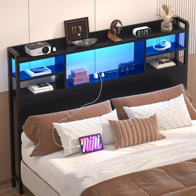 Aheaplus Headboard with Storage shelves and Charging Station, Wood Headboard with LED Light