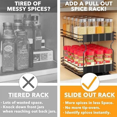 Heavy Duty Black Steel Pull Out Spice Rack Organizer with Labels
