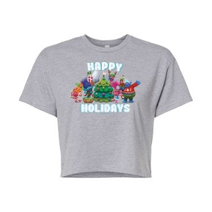 Women's - Trolls - Happy Holidays Branch and Friends Cropped Graphic T-Shirt - 1 of 4