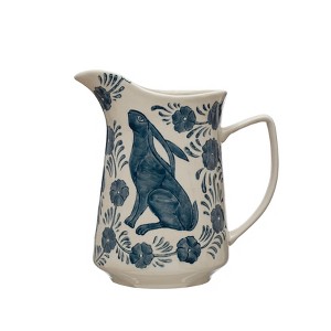 Storied Home Stoneware Pitcher with Painted Rabbit and Florals, Blue and Cream - 1 of 2