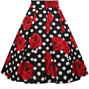 Women's Vintage Floral Midi Skirt - Pleated A-Line Skirt with Pockets White-dot Rose - 1 of 4