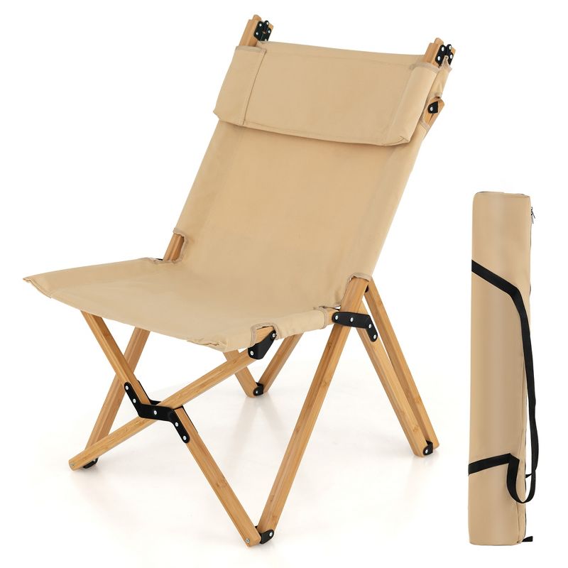 Tangkula Outdoor Adjustable Backrest Chair Folding Camping Chair Bamboo w/ Carrying Bag, 1 of 8