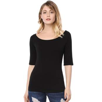 Allegra K Women's Half Sleeves Scoop Neck Fitted Layering Soft T-Shirt Black X-Large