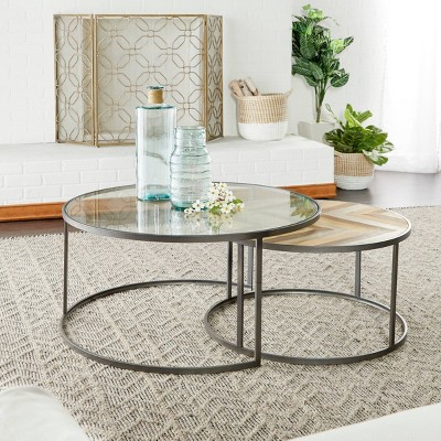 Gray and Brown Round Wood and Glass Nesting Coffee Tables