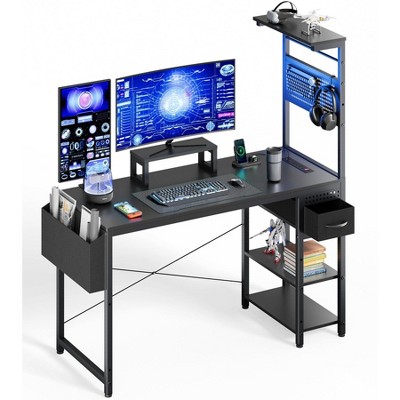 KOLIGEY Gaming Desk, Computer Desk with Adjustable Storage Rack & LED Lights, PC Gaming Desk with Mini DIY Pegboard