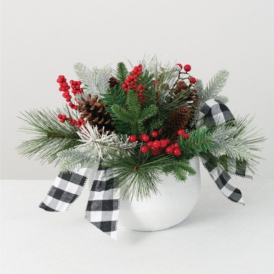 Sullivans Artificial Pine, Berry and Ribbon Arrangement 12"H Green