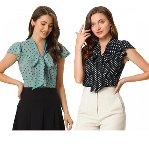 INSPIRE CHIC Women's Polka Dots Tie V Neck Flutter Cap Sleeve Blouse 2 Packs - 1 of 4