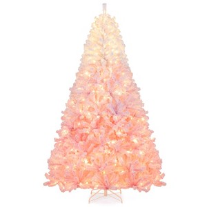 Costway 8 FT Artificial Christmas Tree with 470 Warm White LED Lights, 8 Lighting Modes & Folding Metal Stand White & Pink - 1 of 4