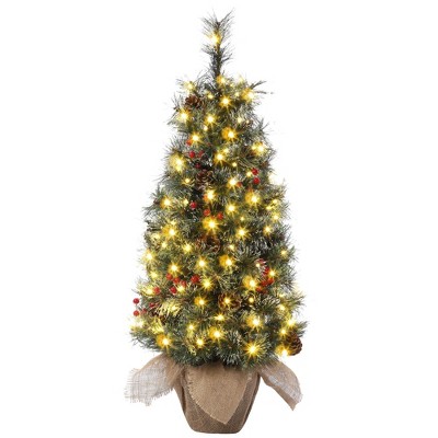 3ft Artificial Xmas Tree with 78 Warm White LED Lights, Pine Cones, Red Berries, Burlap Base, Small Tabletop Holiday Tree