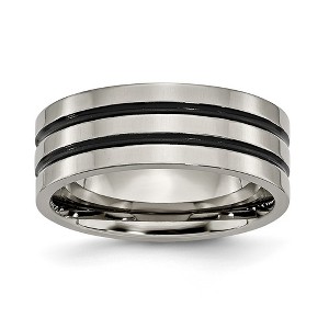 Black Bow Jewelry 8mm Titanium & Black Enamel Polished Grooved Flat Standard Fit Band - 1 of 4
