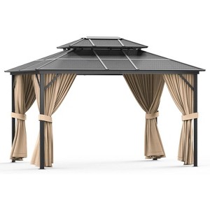 10'x12' Aluminum Hardtop Gazebo, Permanent Outdoor Pavilion with Polycarbonate Roof, Includes Curtains & Netting, for Patio & Backyard, Khaki - 1 of 4