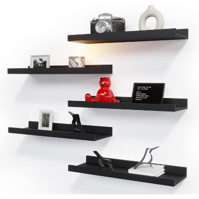 Attop 5 Set Floating Wall Mounted Shelves, Modern Picture Ledge Shelf with Lip for Storage, Nursery, Bedroom, Living Room, Bathroom - Black