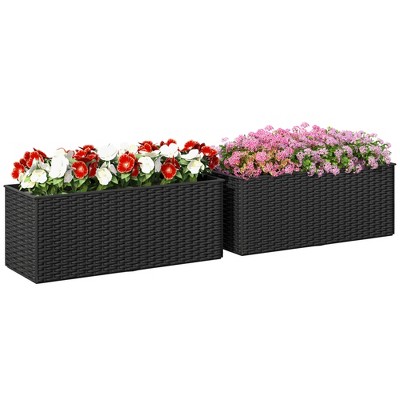 Outsunny Railing Planter Box (2 Pack, 20 Inch), Hanging Flower Pots with Hooks, Drainage Holes for Fence, Balcony, Garden, Patio, Rattan Look