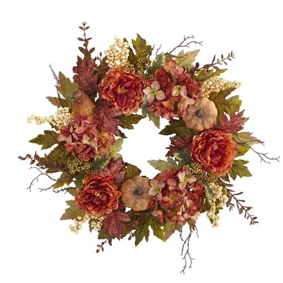 Nearly Natural 24” Peony, Hydrangea and Pumpkin Fall Artificial Wreath