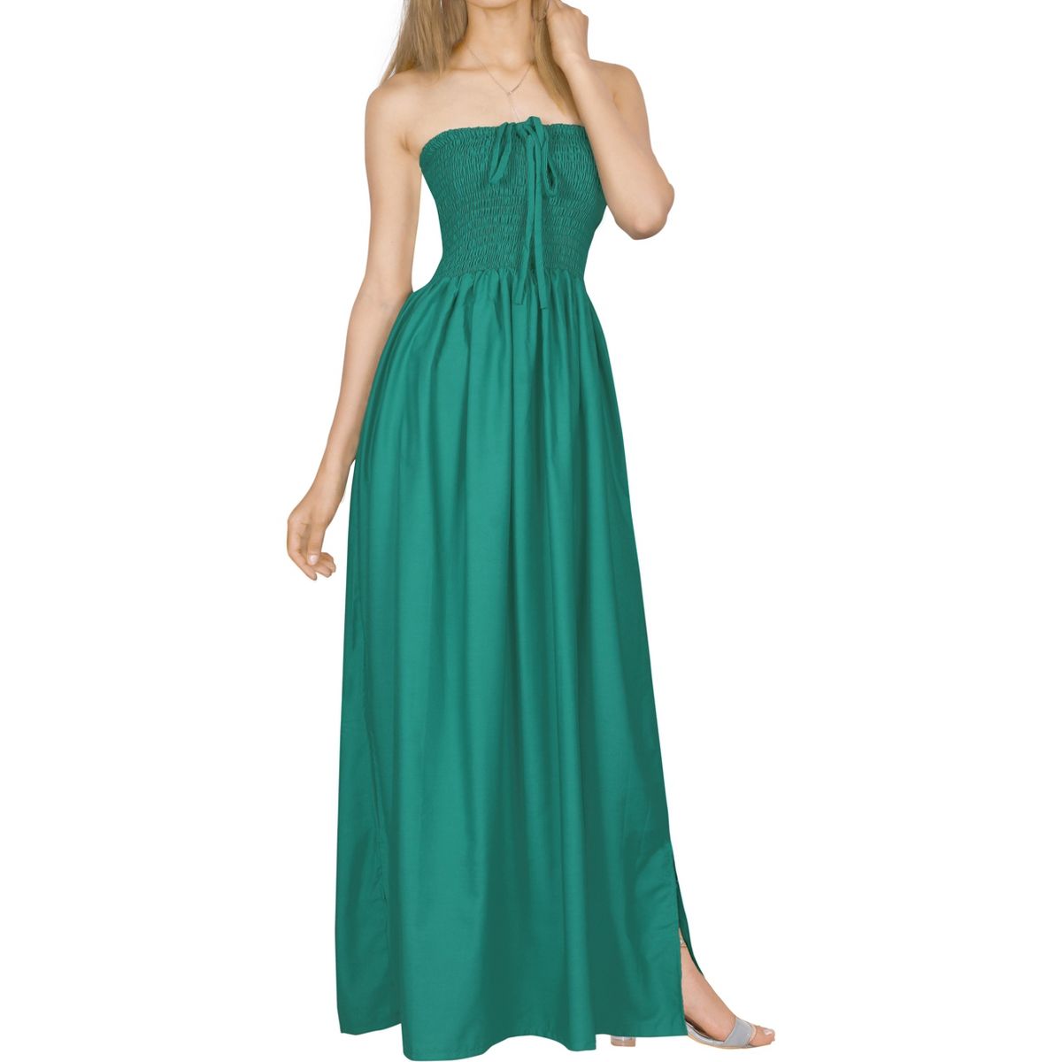 LA LEELA Women's Bandeau Maxi Dress Daily Evening Wear Solid Smocked Top Maxi Slit Dress Casual Strapless Tube Dresses for Women One Size Solid Cyan