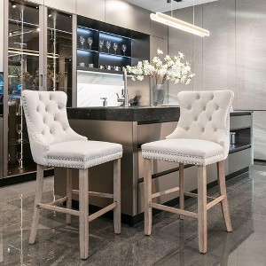 QingMoon Velvet Upholstered Barstools, Button Tufted Counter Chairs Set of 2 with Nailhead Trim and Wooden Legs for Kitchen, Cafe, Pub - 1 of 4