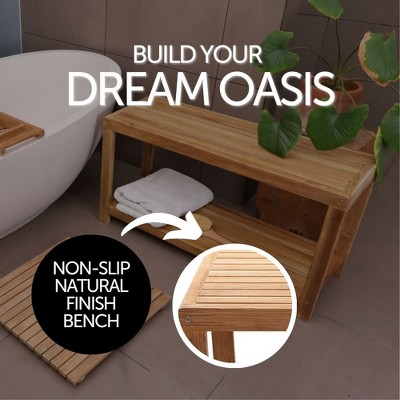 Nordic Teak 35" Natural Shower and Bath Spa Bench with Shelf