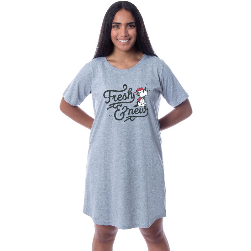 Peanuts Womens' Snoopy Fresh And New Nightgown Sleep Pajama Shirt Grey, 1 of 5