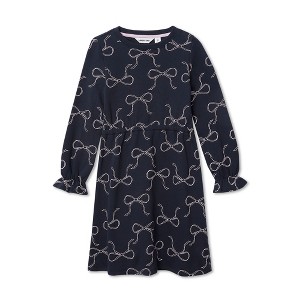 Lands' End Kids Long Sleeve French Terry Knit Dress - Xxs - Navy Hand Drawn Bows - 1 of 2