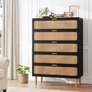 Rattan 5 Drawer Dresser for Bedroom, Chest of Drawers with Deep Drawers, Large Double Dresser for Closet with Wide Top, Tall Wooden Dresser - 1 of 4
