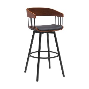 HomeRoots 31" Black Faux Leather And Metal Swivel Bar Height Bar Chair - 1 of 4