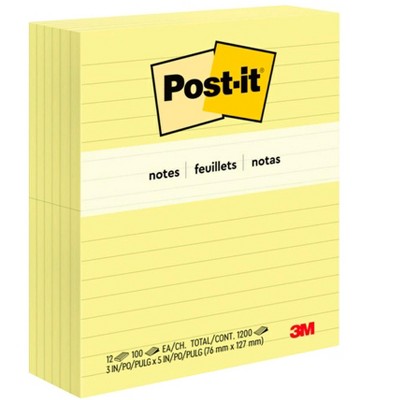 Post-it Lined Original Notes, 3 x 5 Inches, Canary Yellow, Pack of 12