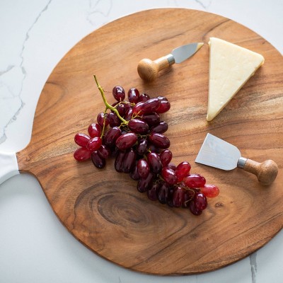 Large Round Acacia Wood Charcuterie Board with White Handle