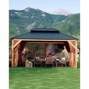 Hard Top Wood Gazebo 10'x12' for All Weather, with Double Metal Roof, Heavy Duty Wooden Frame, Net, and Curtain, Permanent Building - 1 of 4