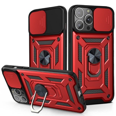 Reiko Kickstand Ring Holder & Slide Camera Cover Magnetic Car Mount for Apple iPhone 13 Pro Max in Red