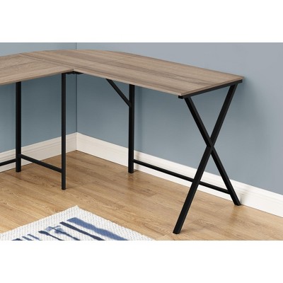 Vynxaria 55" L-Shaped Corner Computer Desk Brown Laminate Black Metal Modern Workstation for Home Office