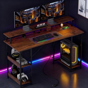 55.1" Rustic Computer Desk with LED Strip and Monitor Riser, Workstation with Power Outlets for Gaming Setup or Study Room -3irtyhousy - 1 of 4
