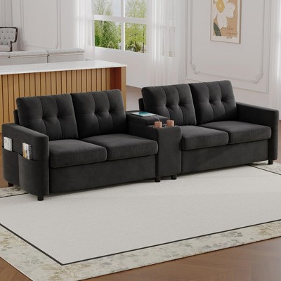 Faux Leather 4-Seater Sectional Sofa with Storage, Charging & Cup Holders for Small Spaces