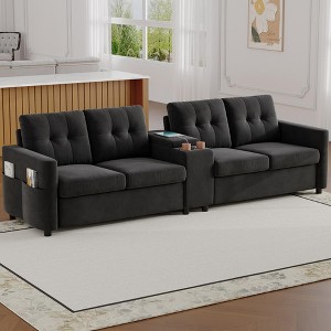 Faux Leather 4-Seater Sectional Sofa with Storage, Charging & Cup Holders for Small Spaces - 1 of 4