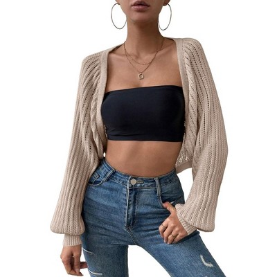 Lightweight Crochet Bolero Semi-Sheer Long Sleeve Sweater Shrugs Open Front Cardigan Ribbed Cuff Sweater Womens Fall Outfits