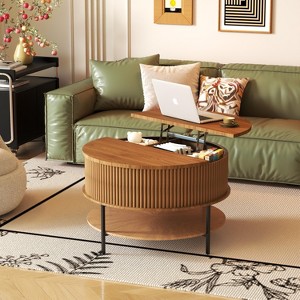 Munora 31.5" Farmhouse Brown Lift-Top Coffee Table - Round Storage Cocktail Table with Steel Legs, Safe Design for Living Room/Office - 1 of 4