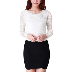 Allegra K Women's Slim Fit Sheer-Long-Sleeves Flower Embroidery Lace Top - 1 of 4