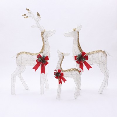 LuxenHome Lighted White & Gold Glitter Deer Family Set, Indoor/Outdoor Christmas Decoration White, Gold, Red, Green