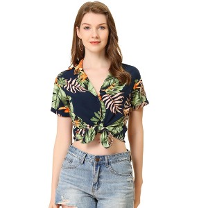 Allegra K Women's Hawaiian Floral Leaves Printed Short Sleeve Button Down Vintage Shirt - 1 of 4